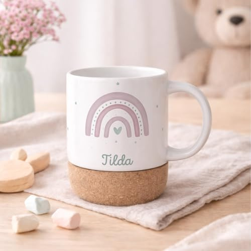 hellomini Personalisierte Tasse mit Korkboden für Kinder, Kindertasse mit Wunschdruck, Kinderbecher mit Namen, Geschenk zum Geburtstag, (Regenbogen Rosa)