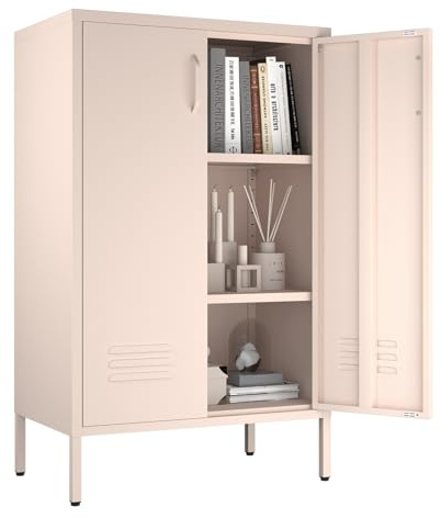 Metall Schließfach mit 2 Türen, Werkzeugschrank Aktenschrank Metallschrank Hochschrank Sideboard Flügeltürenschrank mit 2 Verstellbare Regale, 65×35×106cm, HD26032304 (Rosa)