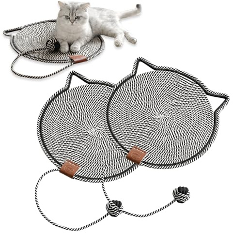 Nimblyne 2 Stück Kratzmatte Katze, 43x43cm Kratzteppich mit Baumwollkugel, Kratzpappe Katze, Katzen Spielzeug, Katzen kratzbretter für Möbelschutz Katzenkratzpads, Katzenzubehör (Schwarz)