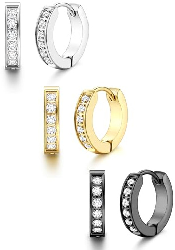 Boucles D'oreille Homme Créoles Acier Inoxydable 316L Chirurgical Hypoallergénique - Zircon Cubique Creoles Anneau Oreille Homme Plaqué Or 14K Noir Argent Piercing Oreille Helix Mixte 13 mm