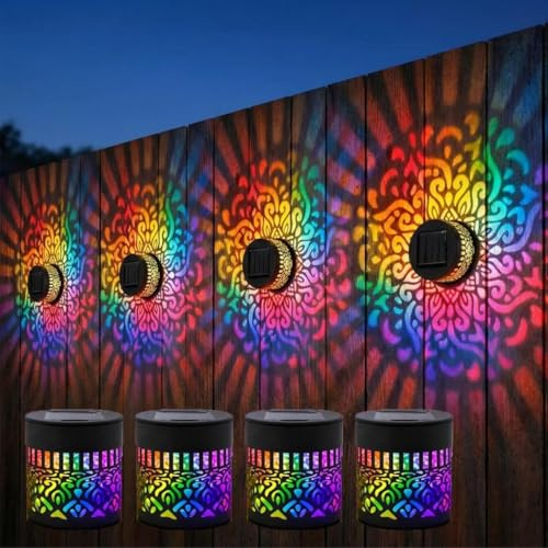 Solar Mandala Wall Lights, 7 Color Changing 2-in-1 Floor & Wall Design Outdoor Decorative Projection Lamp, IP65 Waterproof Auto On/Off Metal Fence Light for Yard Garden Patio Backyard (4, Colorful)