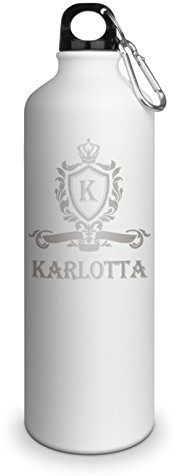 Trinkflasche mit Namen Karlotta - graviert mit Wappen Monogramm, Aluminiumflasche mit Gravur, Sportflasche - matt weiß