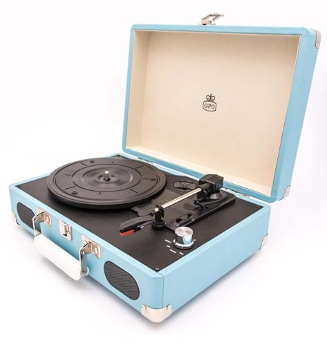 GPO SOHO Retro Kofferplattenspieler mit eingebautem Stereolautsprecher, Türkisblau