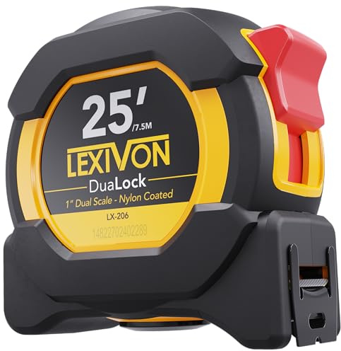 LEXIVON 25Ft/7.5m DuaLock Tape Measure | 1-Inch Wide Blade With Nylon Coating, Matte Finish White & Yellow Dual Sided Rule Print | Ft/Inch/Fractions/Metric (LX-206)