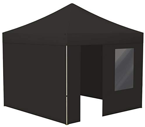 Vispronet® Faltpavillon Eco 3x3 m ✓ 4 Zeltwände (3 Vollwände, 1 Wand mit Tür & Fenster) ✓ Scherengittersystem ✓ inkl. Dach mit Volant (Schwarz)