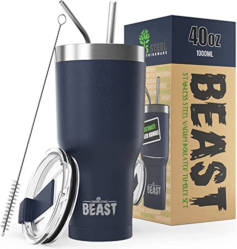 Greens Steel Beast Tumbler – 1050 ml (40 oz), Navy blau | Wiederverwendbarer Edelstahl, vakuumisolierter Becher | mit 2 Strohhalmen & Reinigungsbürste | Doppelwandiger Reise-Thermobecher