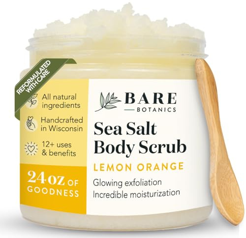 Bare Botanics Lemon Orange Body Scrub 24oz | Made in Madison, WI | All Natural Sea Salt Exfoliator w/ Skin Loving Moisturizers | Vegan & Cruelty Free | Gift Ready Packaging w/ a Cute Wooden Spoon