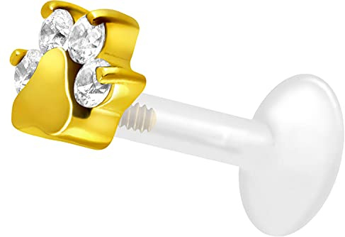PIERCINGLINE PTFE Labret mit Gewinde TITAN AUFSATZ KRISTALLPFOTE| Piercing Lippe Nase Ohr Helix Goldfarben 1,2 x 6 mm