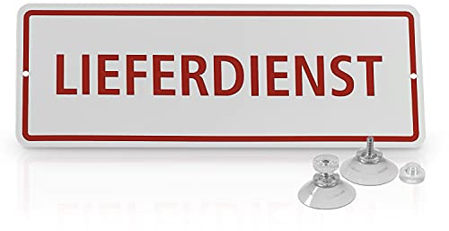Betriebsausstattung24® Hinweisschild „Lieferdienst“ | Aluminiumverbundplatte mit 2 Saugnäpfen Größe (BxH): 29,7 x 10,5 cm | Lieferdienst | Autoschild | Hinweisschild Kraftfahrzeuge | KFZ