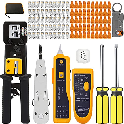 MAYLINEE Pelacables Alicates RJ45 CAT5 CAT6 Crimpadora Herramientas de Reparación de Red Juego de Comprobador de Cables de Red Kit 4P/6P/8P Mantenimiento Network Tool LAN 50 Conectores(Gris)
