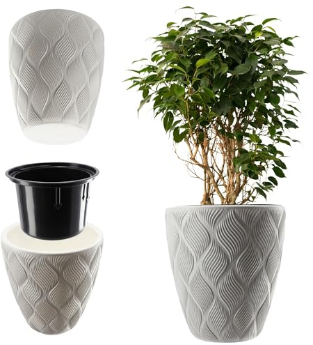 KADAX Blomkruka med insats och handtag, planteringslåda av plast i 5 storlekar UV-resistent väderbeständig hög med 3D-effekt vit låg