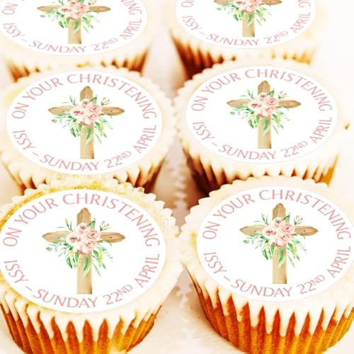Personalised Christening Cupcake Toppers - 4cm x 24 - Edible Icing or Wafer - Pink Flowers Floral Cross Girls Cake Decorations (Edible Wafer)