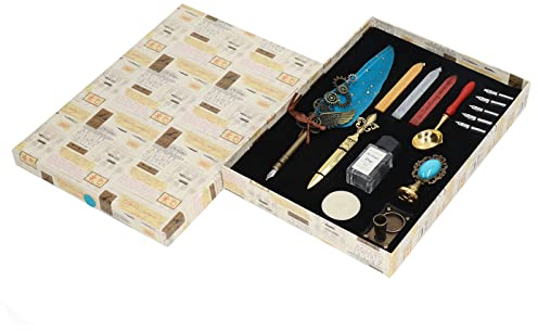 Federkiel- und Tintenset, Hochglänzendes Federstift- und Tintenset, Natürliche Feder, Mechanischer Flügel, Vintage-Stil, Siegelwachs-Set für Umschläge (blauer See)