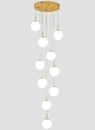 PAZWAHF 10-Licht-Kronleuchter, moderne Regentropfen-Anhängerbeleuchtung, milchweiße Glaskugel, Lampenschirm, kuppelförmiger langer Kronleuchter für Foyer, Eingangsbereich, Treppenhaus