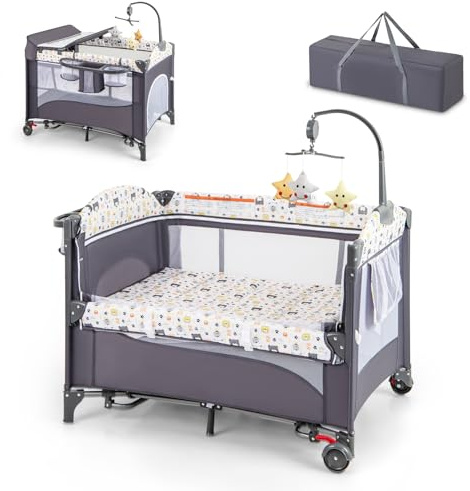 DREAMADE Reisebett mit Matratze, 5 in 1 Beistellbett Baby mit Rollen & Wickelauflage & Spieluhr, 110×76cm Babybett mit Tragetasche, für Neugeborene & Baby (Bunt)