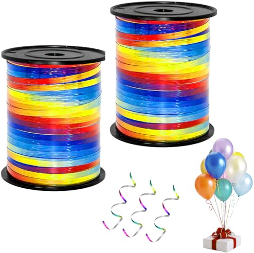 2 Stück 400 Meter Bunt Glitzer Geschenkband, 5 mm Ringelband Ballonband Deko Band Regenbogen Ringelband, Glitzer Ballonband Bunt Ballon-Kräuselbänder für Dekoratio Hochzeitsdeko