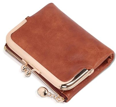 Fililogor Damen Geldbörsen aus Leder, Bifold-Geldbörse Retro-Kreditkartenetui, Compakte Geldbörse mit Reißverschluss-Kiss-Lock für Damen (Braun)