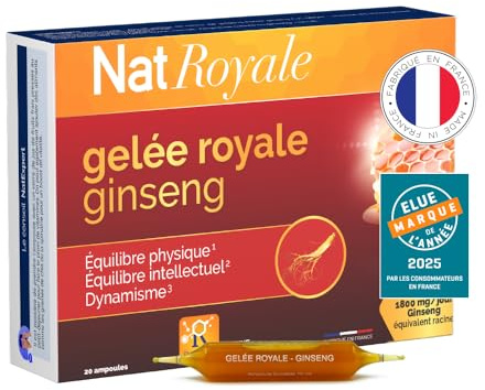 NaturAvignon Ampoule Gelée Royale Ginseng | complement alimentaire Vitalité, Immunité, defense immunitaire adulte | Gelée Royale 1000mg, Ginseng rouge de corée 1800mg, Vitamines B3 B6 | 20 ampoules