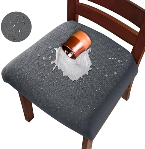 Hopelit Esszimmerstühle Stuhlhussen 6er Set, Jacquard Esszimmerstuhl Sitzbezüge, TPU Folie Stuhlbezug Wasserdicht, Abnehmbare Waschbar Stretch für Küche, Restaurant, Party - Kariert Dunkelgrau