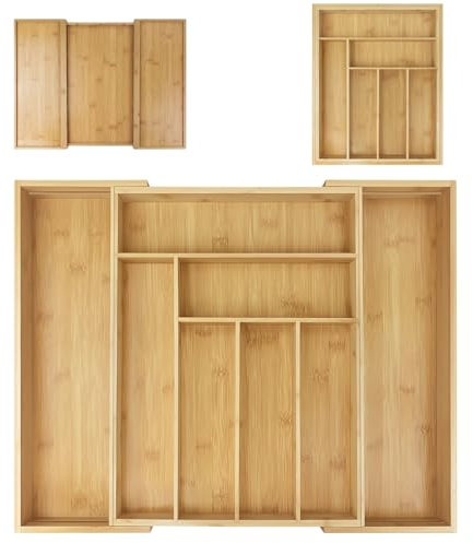 AUTOFU Wooden Cutlery Trays Cutlery Drawer Organiser Cutlery Organizer Bamboo Cutlery Tray, Cutlery Tray for Drawer, 6-8 Compartment Organiser Extendable Wooden Knife and Utensils Holder Tray Rack