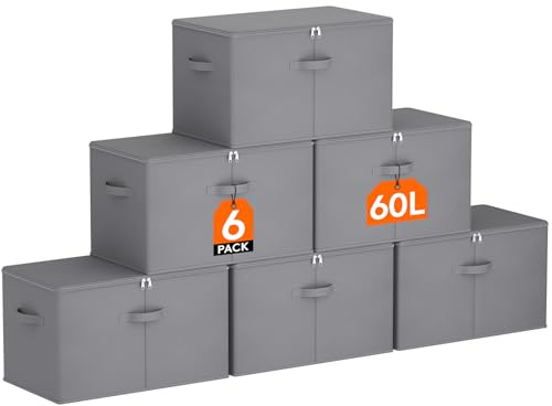 Lifewit 60L Aufbewahrungsbox mit Deckel, 6er-Pack Stoffbox mit Griff, Grau | Faltbare Schrank Organizer, Aufbewahrung für Kleidung, Vliesstoff, 56 x 32 x 33 cm