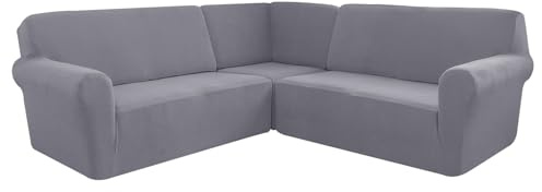 AIMENJOY L-Form Sofahusse 5/7-Sitzer Eckcouch Cover, Elastischer Ecksofabezug Mit Anti-rutsch Schaumstoffankern, 3-teilige Dicker Jacquard Schonbezug (Medium Grey,7 Sitzer)