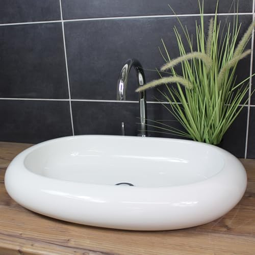 Ovales Aufsatzwaschbecken 62 x 40 x 10 cm länglich abgerundet Waschbecken Waschschale Keramik Weiß modern groß