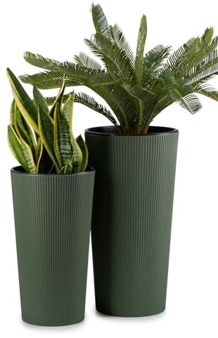 HowHomely 2 x blomkrukor, stor med blomkruka, insats | grön planteringskruka stor av plast för dekoration vardagsrum eller trädgård | Set med 2 blomkrukor (30 x h 57 cm och 25 x h46)