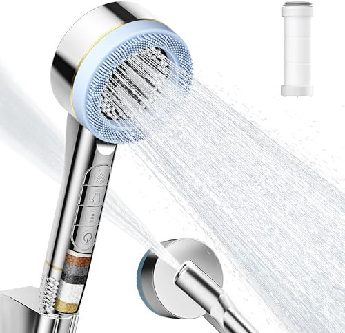 Duschkopf Wassersparender mit Filter, FYTSDIK Hochdruck Handbrause, 4 Strahlarten Sparduschkopf Duschbrause mit Massagebürste/Filtrationsstufen, für Entfernen vom harten Wasser und Chlorrückstände