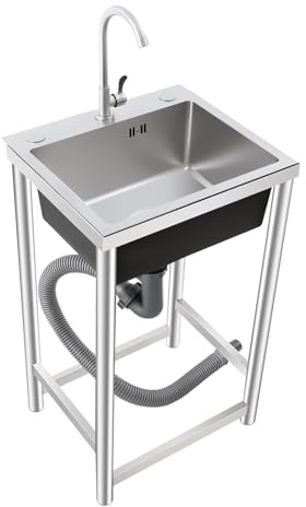 Lavello autoportante, in acciaio inox, con una ciotola, con miscelatore monocomando girevole a 360°, per interni ed esterni, 45 x 40 x 75 cm