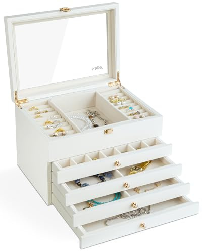 Slege Scatola Portagioie,in Legno Fatto a Mano,5 Livelli 4 Cassetti, Coperchio in Vetro,Porta Gioielli,Portagioie Donna,per Anelli,Orecchini,Collane,Spille,Orologi,per Donne e Ragazze,Moderno,Bianco