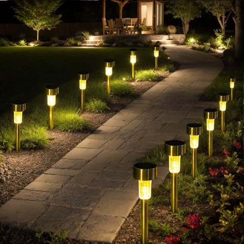 Solar Lights Outdoor Garden Landscape Pathway - 12 Pack Solar Powered Stake Lights - LED, for Lawn Borders Flowerbeds Patio Ideal Driveway and Pathway Lighting for Outside (Warm White)