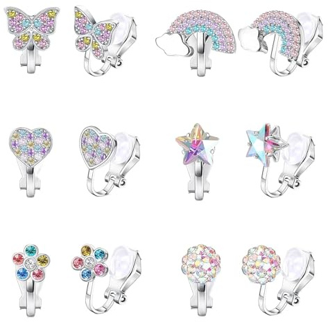 Zeaying 6 Paare Clip-Ohrringe für Mädchen, Hypoallergenes Zink, Clip-On Earrings für Ohren ohne Loch, Verschieden (Butterfly, Heart, Star, Flower, Rainbow, Crystal Ball)