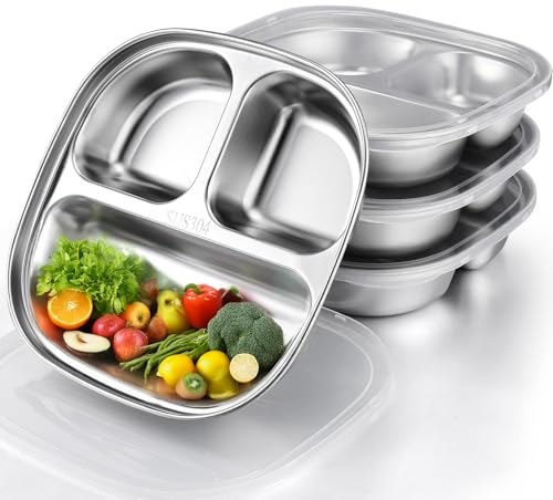 Palksky Lot de 4 assiettes en acier inoxydable pour enfants avec couvercles, plateaux à déjeuner en métal, assiettes divisées pour adultes et perte de poids bariatrique, non toxiques et passent au