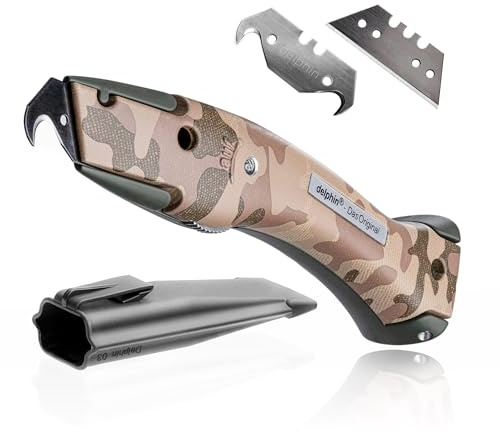 Delphin®-03 Teppichmesser, Design Edition, Feststehende Klinge, Profi Cuttermesser, Alu, Klingen und Kunststoffköcher, Rechts- u. Linkshänder