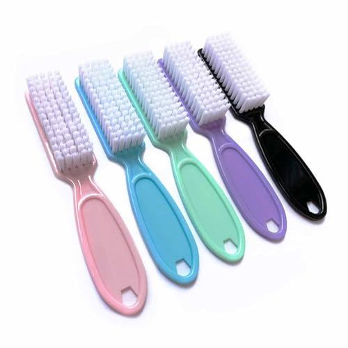 FYHJNC Nail Brush, Plastic Long Handle Cleaning Scrubber, 5 Pack, White | 14.5cm Length, 2cm Bristles, Hanging Hole Storage, Firm yet Gentle, for Manicure, Pedicure & Nail Dust Removal