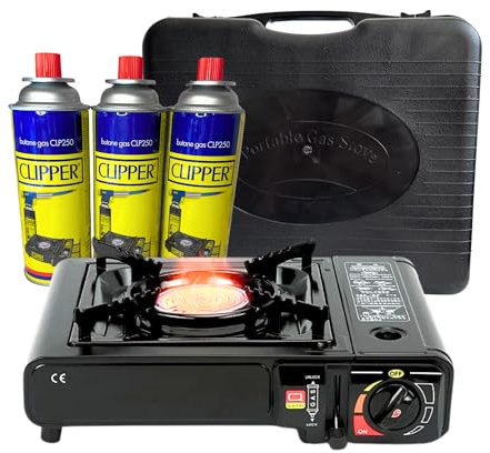 Hornillo de gas, hornillo de camping compacto con encendido piezo, hornillo de cartuchos resistente con protección contra sobrecalentamiento, Hornillo camping gas con maletin y bombonas.