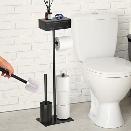 BigKing Porta papel higiénico de suelo, portarrollos y escobilla de baño porta papel higiénico con soporte y cajones portaobjetos, pie portarrollos y escobilla de acero inoxidable