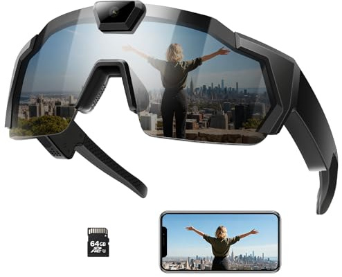 ZEYEHU Occhiali per fotocamera intelligente per sport d'azione, occhiali per registrazione video HD con memoria da 64 GB, occhiali da sole per fotocamera audio per uomini e donne all'aperto (nero)