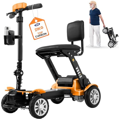 VOCIC D71 Ultralight Carbon Fibre Mobility Scooters for Senior, 21KG, 20KM | Ultralight Foldable Mobility Scooters for Adult & Travel, Length-Adjustable Frame, Airline Approved, UK Plug, Orange