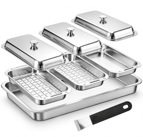 Denmay Grillkorb Set mit Deckel, Edelstahl Grillpfännchen Set mit Griff für Gasgrill & Holzkohlegrill – Universal Grillpfannen zubehör für Weber, Enders, Charbroil Grill, 3 Grillkörbe + 1 Grillschale