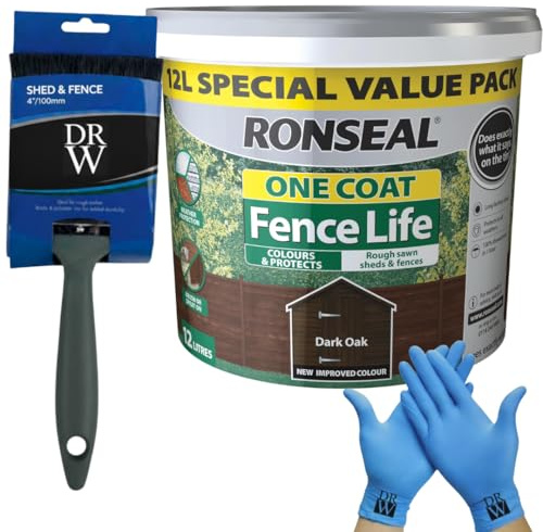 DRW One Coat Shed & Fence Protector 12L Dark Oak + Free 4 Fence Paint Brush & Nitrile Gloves | Long-Lasting Weatherproof Wood Protection | One Coat Formula for Sheds, Fences & Timber