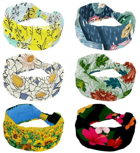 6 Piece Headbands for Women, Fashion Wide Headband, Watercolor Cactus with Pink Flowers Cross Elastic Head Wrap, Sweat Sport Workout Turban Headband