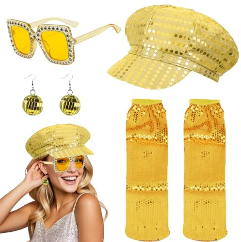 YOUYIKE Disco Accessoires Damen, Stulpen Discokugel Ohrringe Sonnenbrille Pailletten Hut 70 80er Jahre Glitzer Outfit für Fasching Karnevalskostüm Silvester