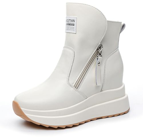 AONETIGER Sneakers Zeppa Donna Scarpe da Ginnastica Moda Pelle Alte Piattaforma Casual Scarpe Wedges Sportive con Tacco Interno 9 cm (Bianco,36EU)