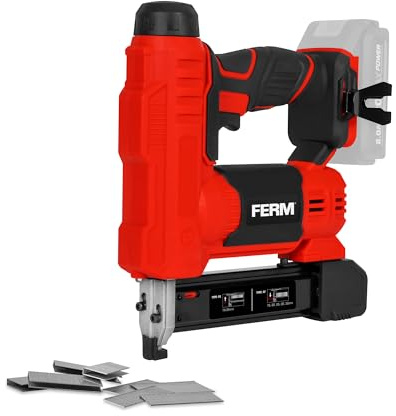 FERM AX-Power Akku-Tacker 20 V – Kapazität: 30 Schuss/Min – Magazin für 100 Klammern – Für Nägel und Klammern – LED-Arbeitslicht – Softgrip – Ohne Akku und Ladegerät