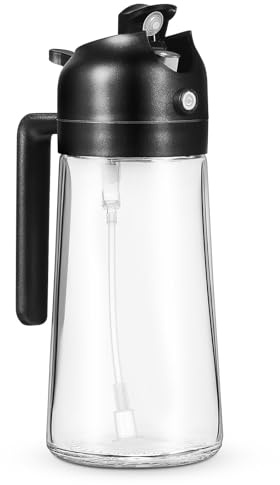 TOVINANNA Distributore di Olio 2 in 1 in Vetro 470Ml Spruzzatore e Dosatore Bottiglia Erogatrice per Olio D’Oliva da Cucina Facile da Usare Ampia Apertura per Cucina e Campeggio