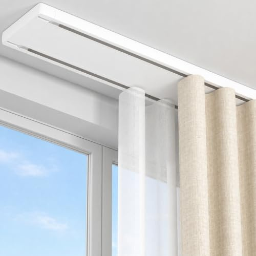 PeSenp Gardinenschiene 2-Läufig, Aluminium Vorhangschiene Deckenmontage 365 cm (Mit Handsäge - Kürzbar), Leise Curtain Rail Ideal für Wohnzimmer, Schlafzimmer, Büro und Balkon, Moderne, Weiß