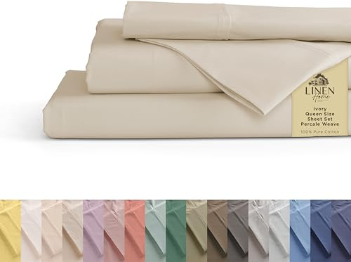 Linen Home 100% Cotton Percale Sheets Queen Size, Ivory, Deep Pocket, 4 Pieces Set - 1 Flat, 1 Deep Pocket Fitted Sheet and 2 Pillowcases, Crisp Cool and Strong Bed Linen