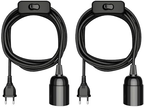 ledscom.de 2 Stück Textilkabel LEHA, Stecker, Schalter, schwarz, 3 m, Lampen-Fassung, 1x E27 max. 60W